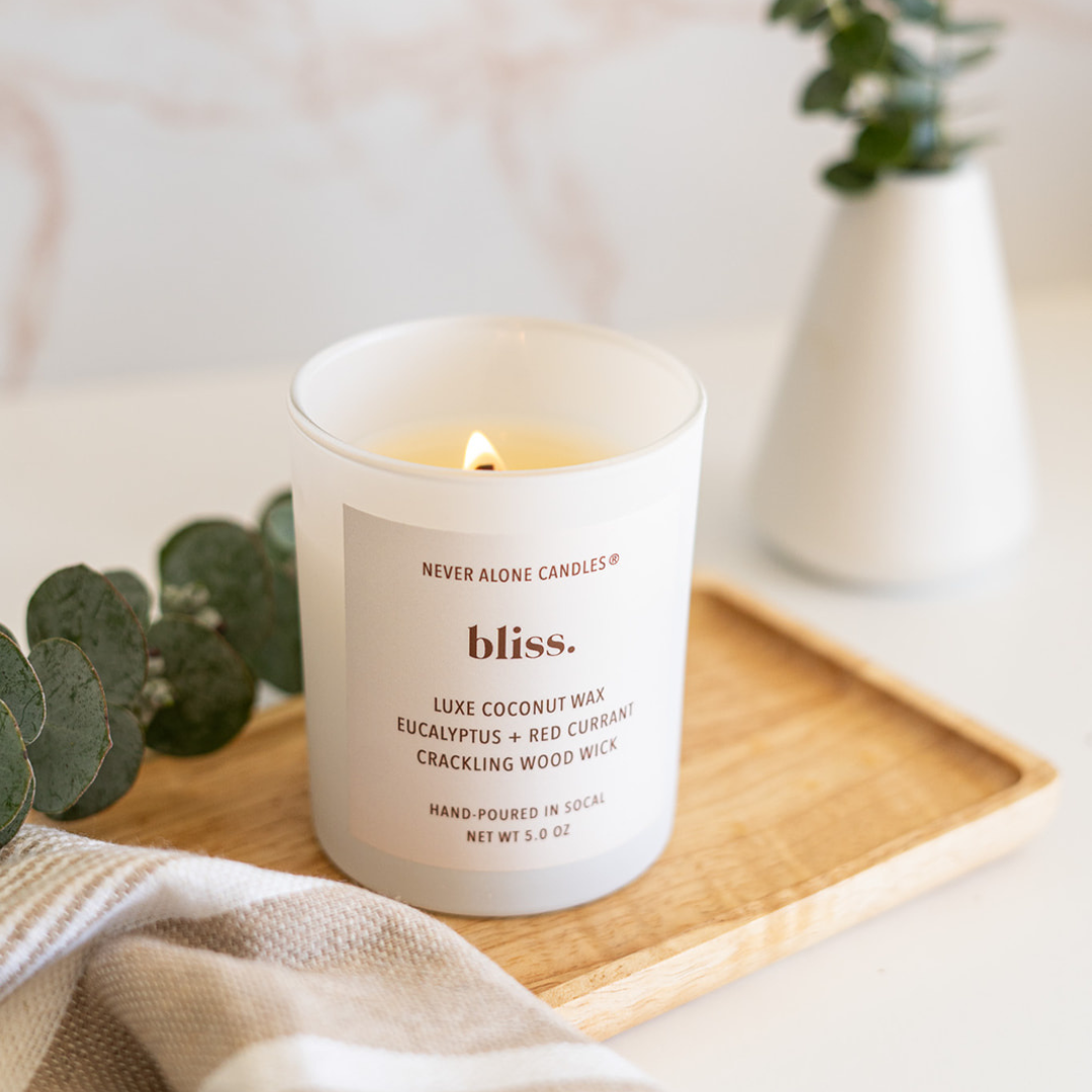 hand poured mini clean burning candle scented with eucalyptus and red currant for neutral home decor
