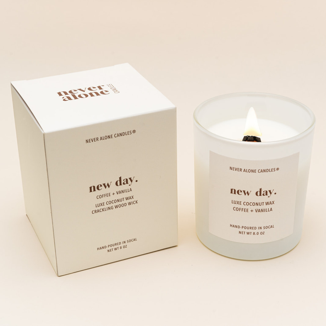 Long lasting candle crafted from natural coconut wax, hand-poured in artisanal small batches, with a soothing crackling wood wick, with fragrances of coffee, vanilla, and whiskey