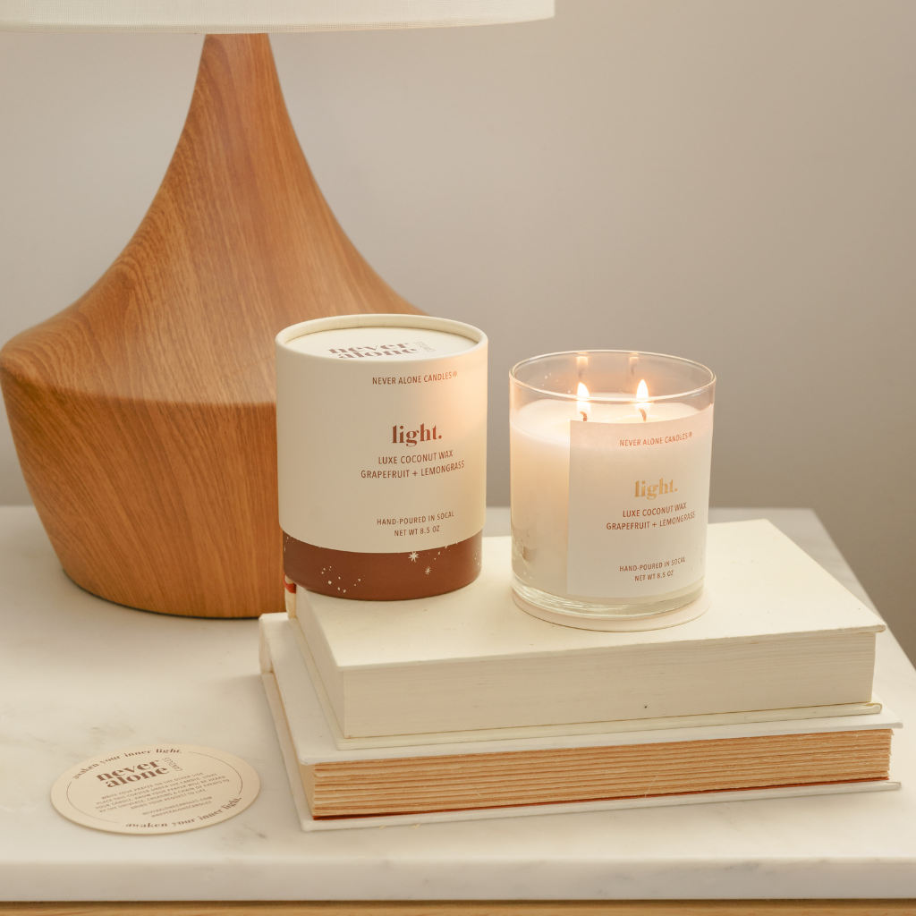 grapefruit and lemongrass scented candle, vegan, wood wick, handmade, with prayer card